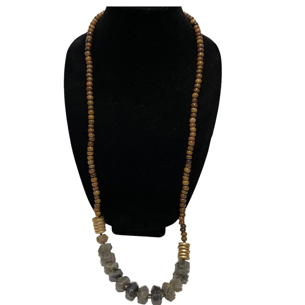 36” long bpd boho quartz wood stone Beaded necklace Slip Over Brown
